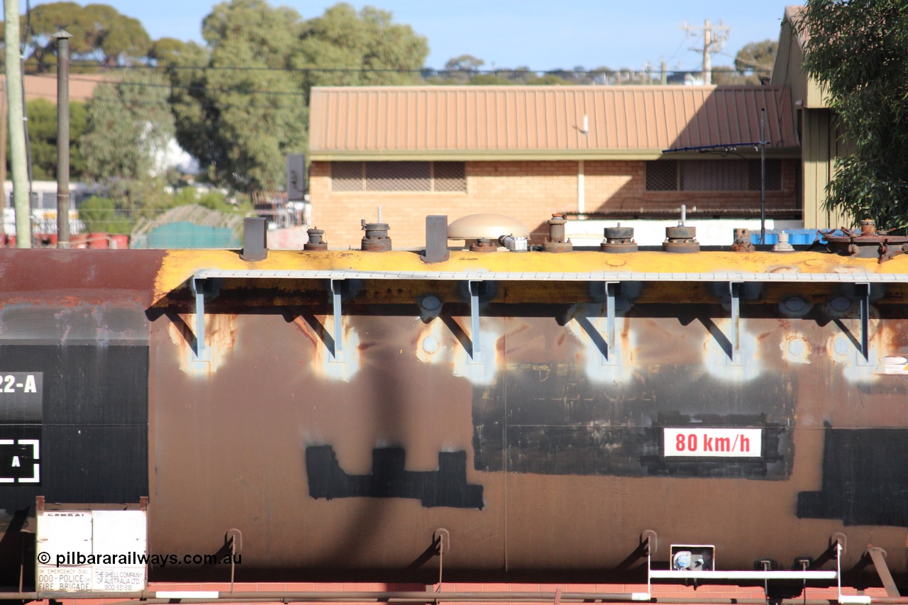 140409 IMG 1964
West Kalgoorlie, NTBF 6122 fuel tank waggon detail image, built by Comeng NSW 1975 as an SCA type bitumen tank waggon for Shell Bitumen NSW as SCA 273. Peter Donaghy image.
Keywords: Peter-D-Image;NTBF-type;NTBF6122;Comeng-NSW;SCA-type;SCA273;