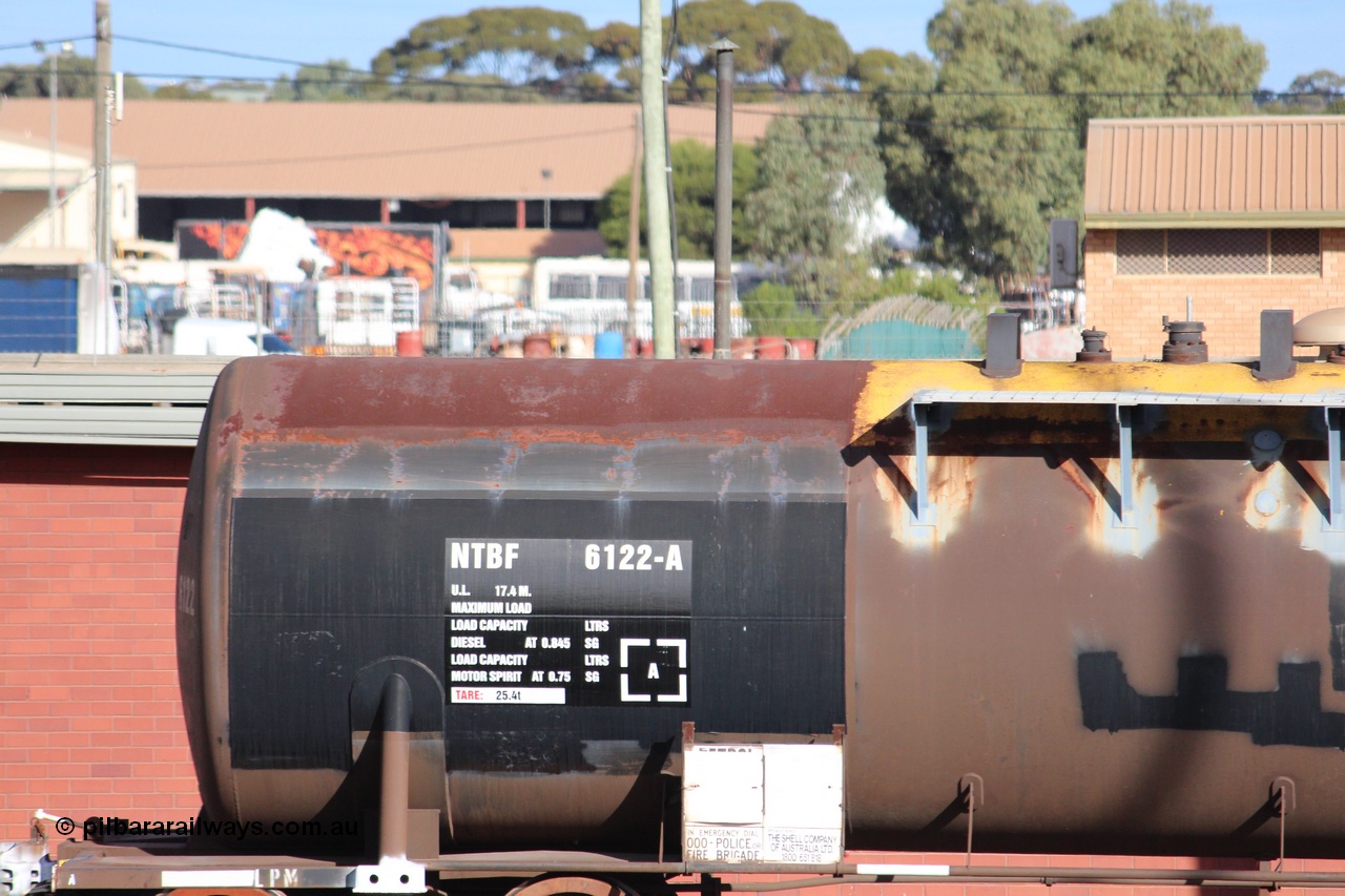 140409 IMG 1965
West Kalgoorlie, NTBF 6122 fuel tank waggon detail image, built by Comeng NSW 1975 as an SCA type bitumen tank waggon for Shell Bitumen NSW as SCA 273. Peter Donaghy image.
Keywords: Peter-D-Image;NTBF-type;NTBF6122;Comeng-NSW;SCA-type;SCA273;