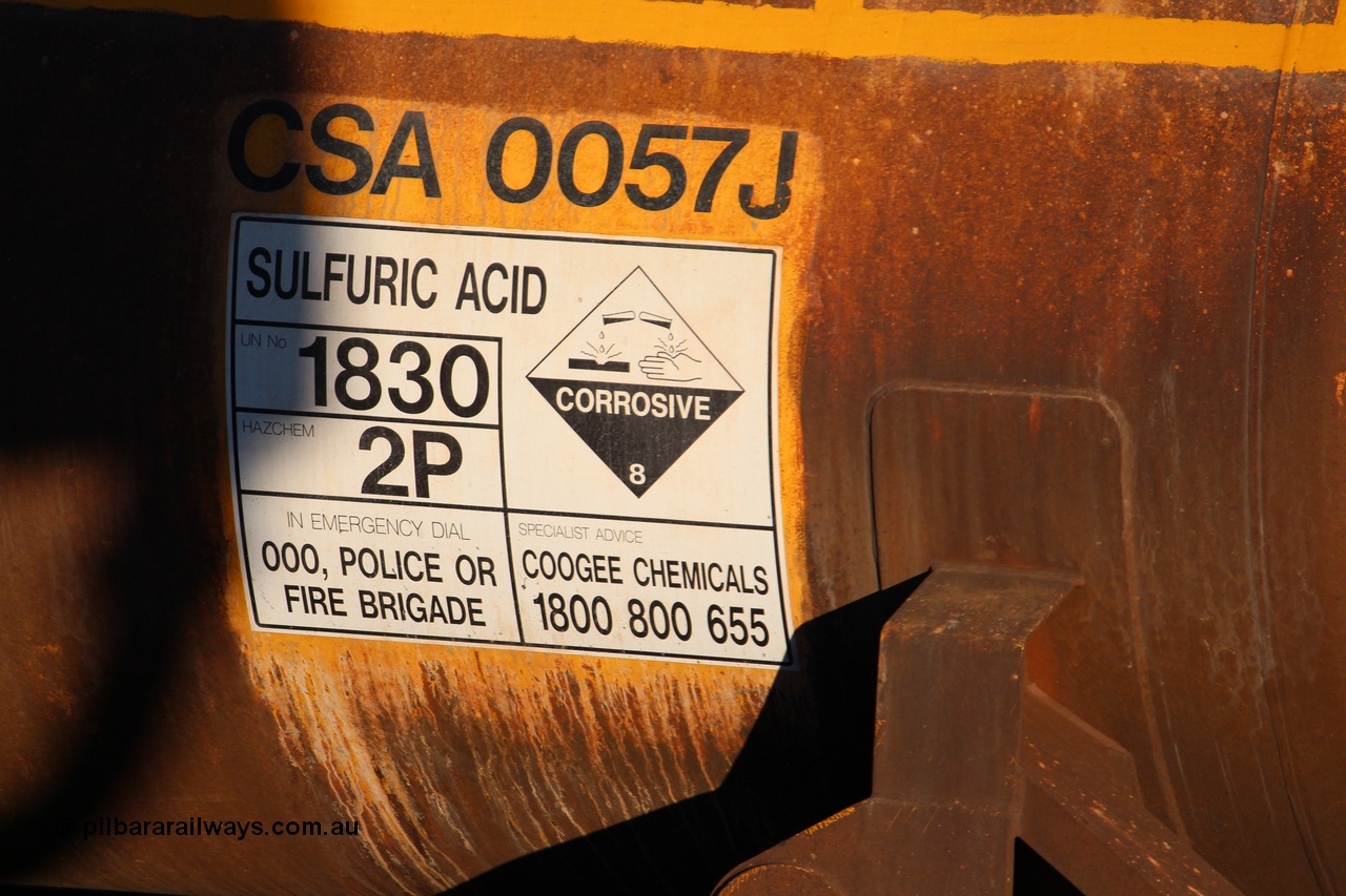 140413 IMG 1956
Sulphuric Acid placard on CSA 0057 acid tank which was built by Acid Plant Management Services, WA in 2015. Peter Donaghy image.
Keywords: Peter-D-Image;CSA-type;AQHY-type;CSA0057;