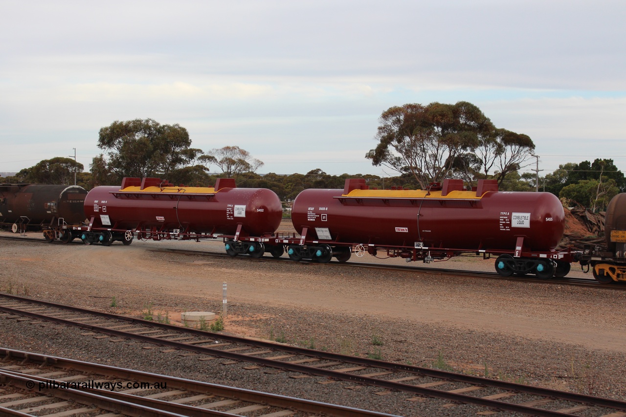 141028 IMG 3270
West Kalgoorlie, NTAY type fuel tank waggon NTAY 5455 with 62,000 litre capacity for BP. Refurbished by Gemco WA in June 2014 from ex Mobil Oil NTAF type tank waggon NTAF 5455. In BP Oil ownership. I think this is an Indeng Qld built NTAF 455 the final of seven such tanks built for Mobil of NSW in 1981. Peter Donaghy image.
Keywords: Peter-D-Image;NTAY-type;NTAY5455;NTAF-type;Indeng-Qld;NTAF455;