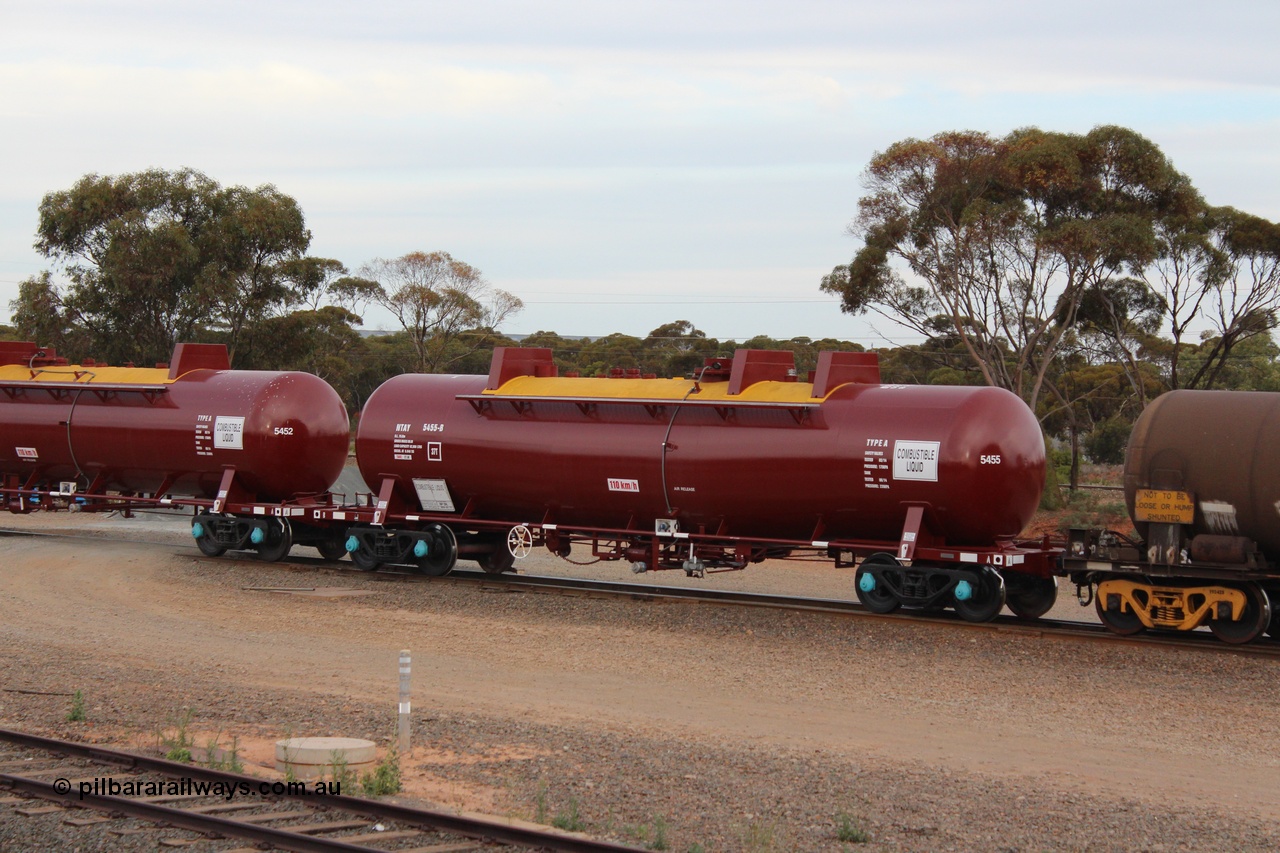141028 IMG 3271
West Kalgoorlie, NTAY type fuel tank waggon NTAY 5455 with 62,000 litre capacity for BP. Refurbished by Gemco WA in June 2014 from ex Mobil Oil NTAF type tank waggon NTAF 5455. In BP Oil ownership. I think this is an Indeng Qld built NTAF 455 the final of seven such tanks built for Mobil of NSW in 1981. Peter Donaghy image.
Keywords: Peter-D-Image;NTAY-type;NTAY5455;NTAF-type;Indeng-Qld;NTAF455;
