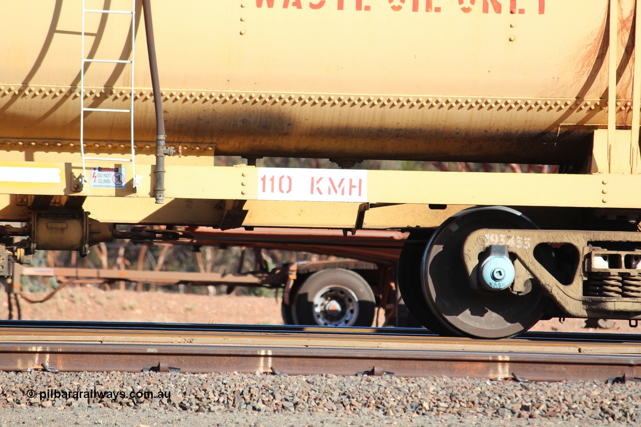 150326 IMG 4333
West Kalgoorlie, AZAY type waste oil waggon AZAY 23439, detail image, this waggon usually operates between Merredin Loco and Forrestfield, not normally seen here in the Goldfields. Peter Donaghy image.
Keywords: Peter-D-Image;AZAY-type;AZAY23439;