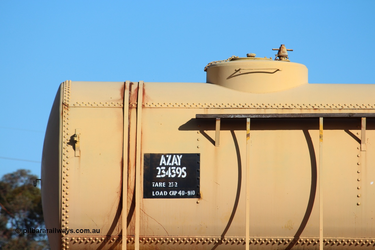 150326 IMG 4338
West Kalgoorlie, AZAY type waste oil waggon AZAY 23439, detail image, this waggon usually operates between Merredin Loco and Forrestfield, not normally seen here in the Goldfields. Peter Donaghy image.
Keywords: Peter-D-Image;AZAY-type;AZAY23439;