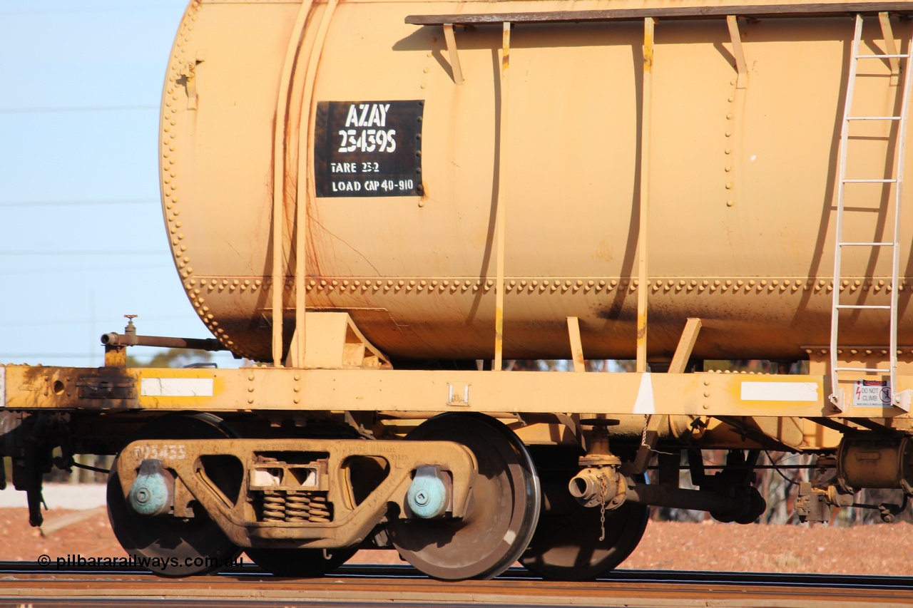 150326 IMG 4343
West Kalgoorlie, AZAY type waste oil waggon AZAY 23439, detail image, this waggon usually operates between Merredin Loco and Forrestfield, not normally seen here in the Goldfields. Peter Donaghy image.
Keywords: Peter-D-Image;AZAY-type;AZAY23439;