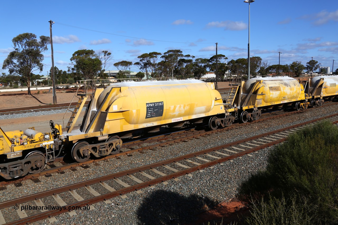 160522 2461
West Kalgoorlie, APNY 31167, one of two built by Westrail Midland Workshops in 1979 as WNA type pneumatic discharge nickel concentrate waggon, WAGR built and owned copies of the AE Goodwin built WN waggons for WMC.
Keywords: APNY-type;APNY31167;Westrail-Midland-WS;WNA-type;