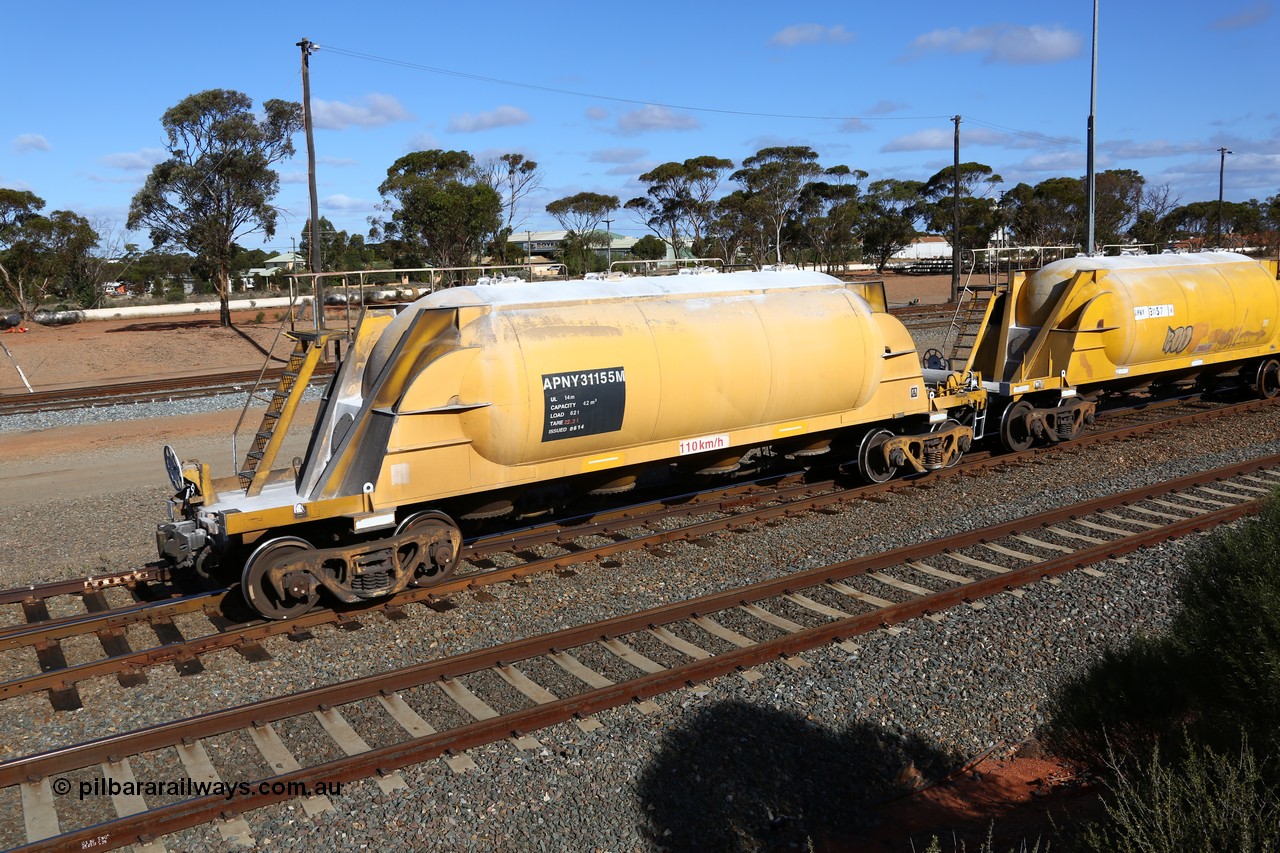 160522 2464
West Kalgoorlie, APNY 31155 one of twelve built by WAGR Midland Workshops in 1974 as WNA type pneumatic discharge nickel concentrate waggon, WAGR built and owned copies of the AE Goodwin built WN waggons for WMC.
Keywords: APNY-type;APNY31155;WAGR-Midland-WS;WNA-type;