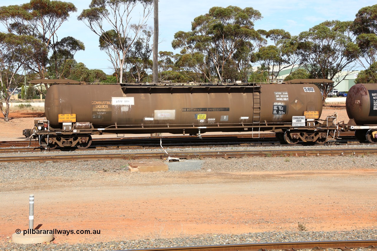 160523 3286
West Kalgoorlie, ATPF 580 fuel tank waggon built by WAGR Midland Workshops 1976 for Shell as type WJP, 80.66 kL one compartment one dome, capacity of 80500 litres, it also spent time in SA in 1985, fitted with type F InterLock couplers, Shell Fleet no. TR715 still visible.
Keywords: ATPF-type;ATPF580;WAGR-Midland-WS;WJP-type;