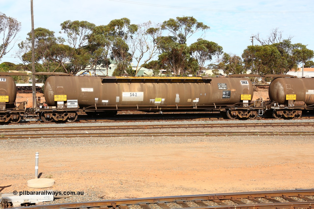 160523 3289
West Kalgoorlie, ATLF 562 tank waggon, built by WAGR Midland Workshops 1973 for Shell as type WJL 86.49 kL one compartment one dome with a capacity of 80500 litres, fitted with type F InterLock couplers.
Keywords: ATLF-type;ATLF562;WAGR-Midland-WS;WJL-type;