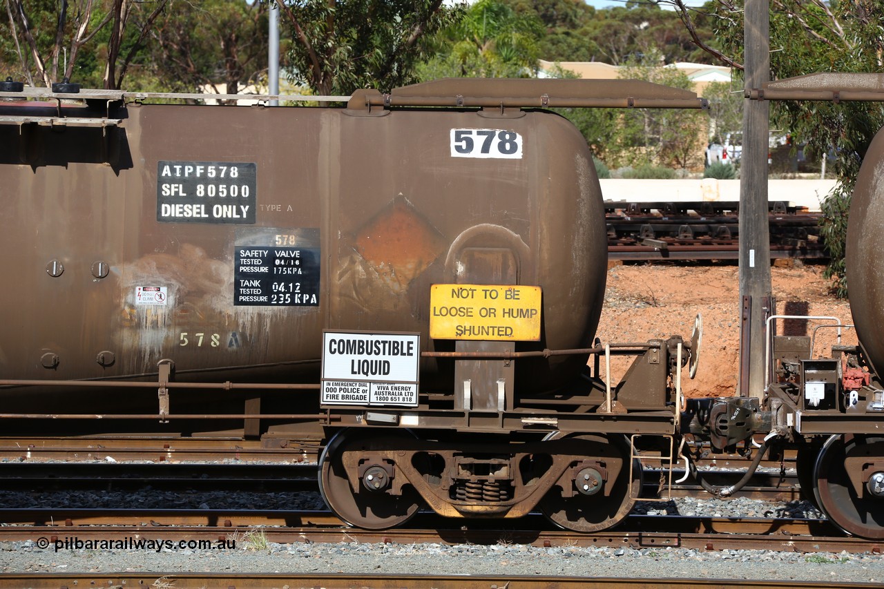 160523 3290
West Kalgoorlie, ATPF 578 fuel tank waggon, originally built by WAGR Midland Workshops in 1974 for Shell as type WJP, it also spent time in SA in 1985, 80.66 kL one compartment one dome, capacity of 80350 litres, fitted with type F InterLock couplers.
Keywords: ATPF-type;ATPF578;WAGR-Midland-WS;WJP-type;