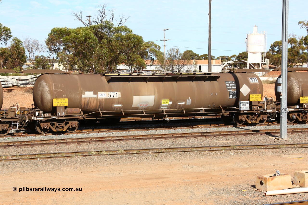 160523 3292
West Kalgoorlie, ATPF 571 fuel tank waggon is the type leader built by WAGR Midland Workshops in 1974 for Shell as WJP type 80.66 kL one compartment one dome, capacity of 80500 litres.
Keywords: ATPF-type;ATPF571;WAGR-Midland-WS;WJP-type;