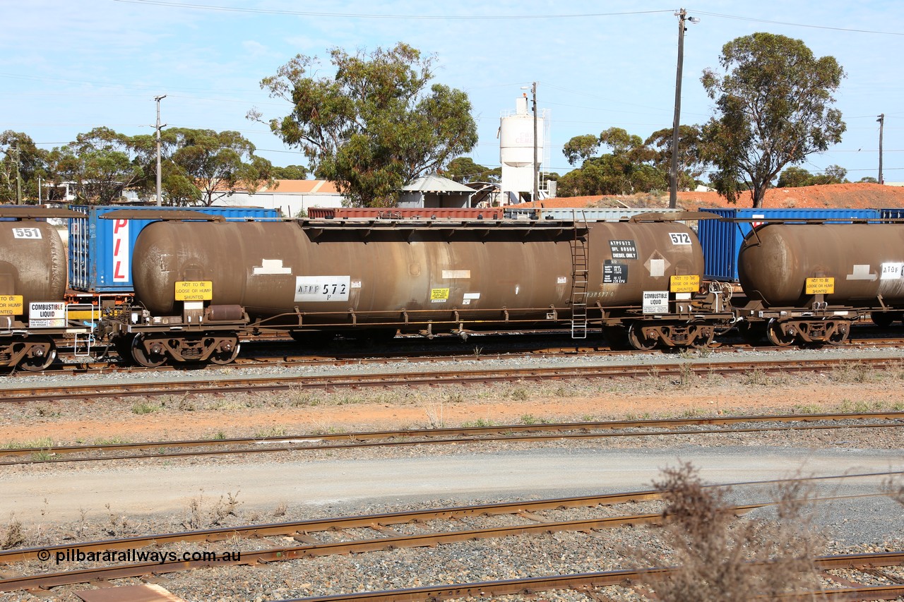160523 3294
West Kalgoorlie, ATPF 572 fuel tank waggon, built by WAGR Midland Workshops in 1974 for Shell as type WJP, capacity of 80500 litres.
Keywords: ATPF-type;ATPF57;WAGR-Midland-WS;WJP-type;