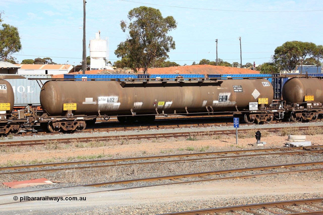 160523 3296
West Kalgoorlie, ATQF 612 diesel fuel tanker, Shell Fleet No. TR721, one of two such waggons built by Indeng Qld in 1982 for Shell as type WJQ with an original capacity of 79000 litres, current diesel capacity of 72000 litres, fitted with type F InterLock couplers.
Keywords: ATQF-type;ATQF612;Indeng-Qld;WJQ-type;