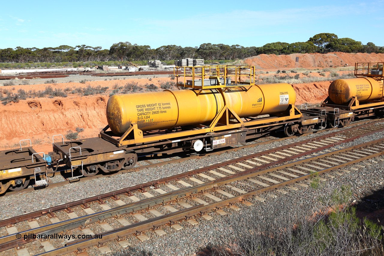 160523 3328
West Kalgoorlie, AQHY 30074 with CSA 0113, originally built by the WAGR Midland Workshops in 1964/66 as a WF type flat waggon, then in 1997, following several recodes and modifications, was one of seventy five waggons converted to the WQH to carry CSA sulphuric acid tanks between Hampton/Kalgoorlie and Perth. CSA 0113 was built by Vcare Engineering, India for Access Petrotec & Mining Solutions in 2015.
Keywords: AQHY-type;AQHY30074;WAGR-Midland-WS;WF-type;WFDY-type;WFDF-type;RFDF-type;WQH-type;