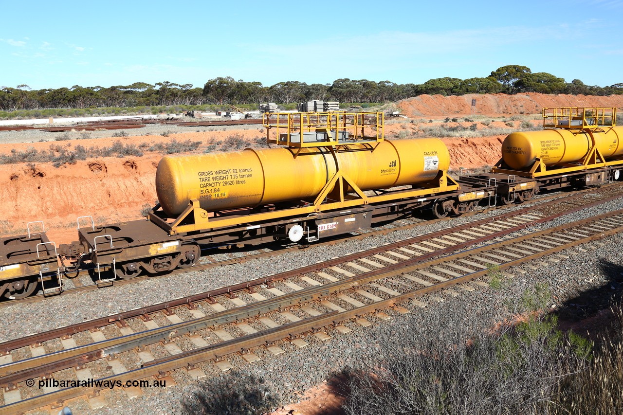 160523 3330
West Kalgoorlie, AQHY 30117 with CSA 0096, originally built by the WAGR Midland Workshops in 1964/66 as a WF type flat waggon, then in 1997, following several recodes and modifications, was one of seventy five waggons converted to the WQH to carry CSA sulphuric acid tanks between Hampton/Kalgoorlie and Perth. CSA 0096 was built by Vcare Engineering, India for Access Petrotec & Mining Solutions in 2015.
Keywords: AQHY-type;AQHY30117;WAGR-Midland-WS;WF-type;WFDY-type;WFDF-type;RFDF-type;WQH-type;