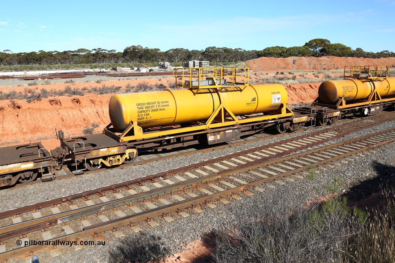 160523 3331
West Kalgoorlie, AQHY 30055 with CSA 0090, originally built by the WAGR Midland Workshops in 1964/66 as a WF type flat waggon, then in 1997, following several recodes and modifications, was one of seventy five waggons converted to the WQH to carry CSA sulphuric acid tanks between Hampton/Kalgoorlie and Perth. CSA 0090 was built by Vcare Engineering, India for Access Petrotec & Mining Solutions in 2015.
Keywords: AQHY-type;AQHY30055;WAGR-Midland-WS;WF-type;WFW-type;WFDY-type;WFDF-type;RFDF-type;WQH-type;