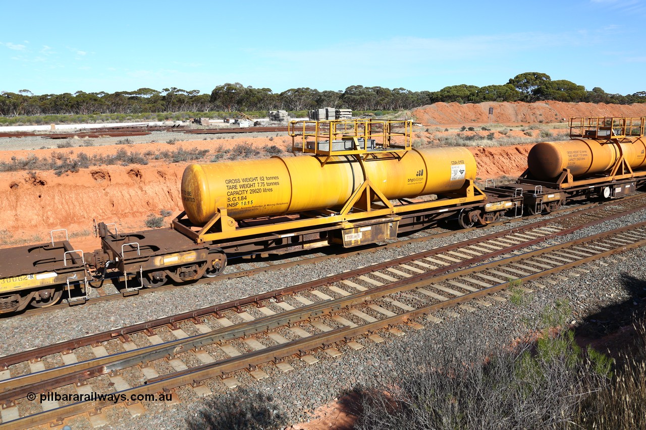160523 3334
West Kalgoorlie, AQHY 30038 with CSA 0102, originally built by the WAGR Midland Workshops in 1964/66 as a WF type flat waggon, then in 1997, following several recodes and modifications, was one of seventy five waggons converted to the WQH to carry CSA sulphuric acid tanks between Hampton/Kalgoorlie and Perth. CSA 0102 was built by Vcare Engineering, India for Access Petrotec & Mining Solutions in 2015.
Keywords: AQHY-type;AQHY30038;WAGR-Midland-WS;WF-type;WFP-type;WFDY-type;WFDF-type;RFDF-type;WQH-type;