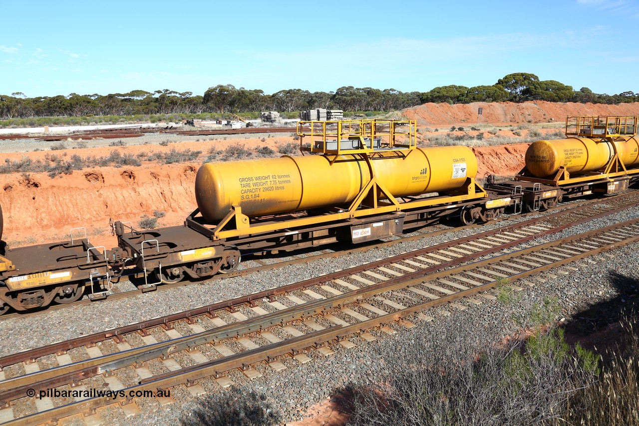 160523 3335
West Kalgoorlie, AQHY 30062 with CSA 0123, originally built by the WAGR Midland Workshops in 1964/66 as a WF type flat waggon, then in 1997, following several recodes and modifications, was one of seventy five waggons converted to the WQH to carry CSA sulphuric acid tanks between Hampton/Kalgoorlie and Perth. CSA 0123 was built by Vcare Engineering, India for Access Petrotec & Mining Solutions in 2015.
Keywords: AQHY-type;AQHY30062;WAGR-Midland-WS;WF-type;WFDY-type;WFDF-type;RFDF-type;WQH-type;