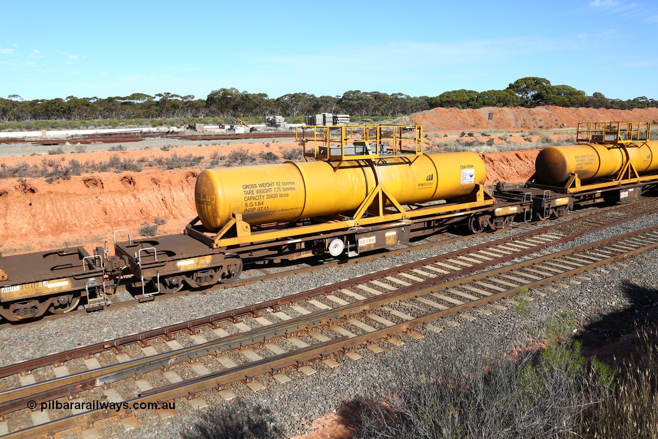 160523 3336
West Kalgoorlie, AQHY 30111 with CSA 0094, originally built by the WAGR Midland Workshops in 1964/66 as a WF type flat waggon, then in 1997, following several recodes and modifications, was one of seventy five waggons converted to the WQH to carry CSA sulphuric acid tanks between Hampton/Kalgoorlie and Perth. CSA 0094 was built by Vcare Engineering, India for Access Petrotec & Mining Solutions in 2015.
Keywords: AQHY-type;AQHY30111;WAGR-Midland-WS;WF-type;WFDY-type;WFDF-type;RFDF-type;WQH-type;