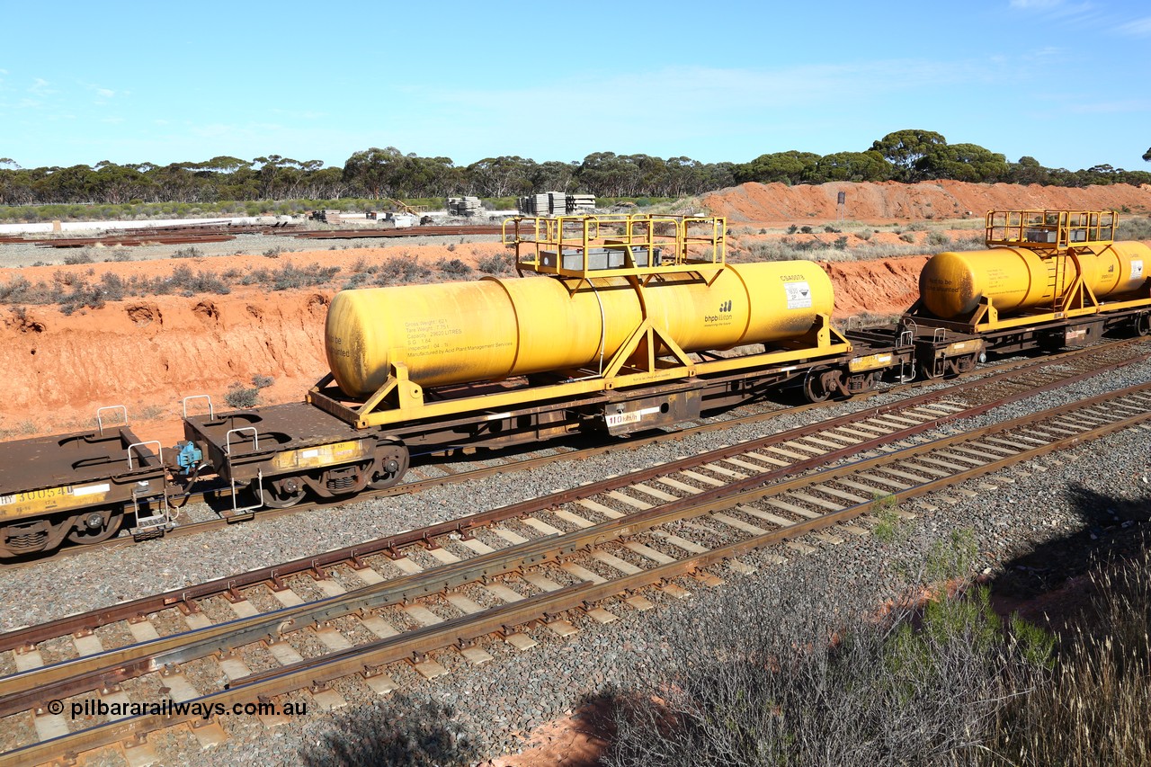 160523 3338
West Kalgoorlie, AQHY 30045 with CSA 0078, originally built by the WAGR Midland Workshops in 1964/66 as a WF type flat waggon, then in 1997, following several recodes and modifications, was one of seventy five waggons converted to the WQH to carry CSA sulphuric acid tanks between Hampton/Kalgoorlie and Perth. CSA 0078 is one of twelve units built by Acid Plant Management Services, WA in 2015.
Keywords: AQHY-type;AQHY30045;WAGR-Midland-WS;WF-type;WFDY-type;WFDF-type;RFDF-type;WQH-type;