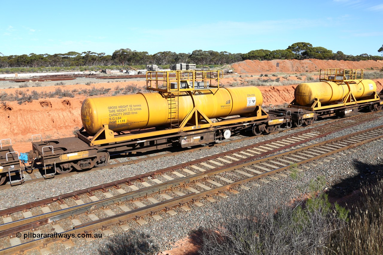 160523 3339
West Kalgoorlie, AQHY 30054 with CSA 0132, originally built by the WAGR Midland Workshops in 1964/66 as a WF type flat waggon, then in 1997, following several recodes and modifications, was one of seventy five waggons converted to the WQH to carry CSA sulphuric acid tanks between Hampton/Kalgoorlie and Perth. CSA 0132 was built by Vcare Engineering, India for Access Petrotec & Mining Solutions in 2015.
Keywords: AQHY-type;AQHY30054;WAGR-Midland-WS;WF-type;WFM-type;WFDY-type;WFDF-type;RFDF-type;WQH-type;