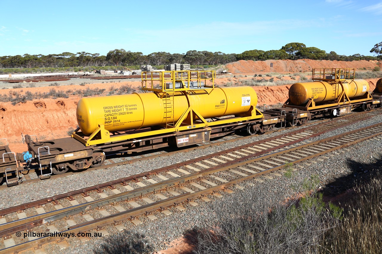 160523 3341
West Kalgoorlie, AQHY 30110 with CSA 0118, originally built by the WAGR Midland Workshops in 1964/66 as a WF type flat waggon, then in 1997, following several recodes and modifications, was one of seventy five waggons converted to the WQH to carry CSA sulphuric acid tanks between Hampton/Kalgoorlie and Perth. CSA 0118 was built by Vcare Engineering, India for Access Petrotec & Mining Solutions in 2015.
Keywords: AQHY-type;AQHY30110;WAGR-Midland-WS;WF-type;WFW-type;WFDY-type;WFDF-type;RFDF-type;WQH-type;