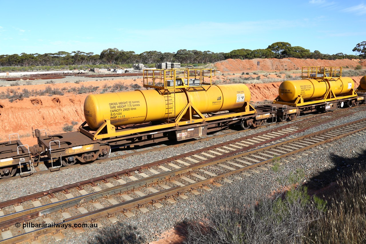 160523 3343
West Kalgoorlie, AQHY 30077 with CSA 0116, originally built by the WAGR Midland Workshops in 1964/66 as a WF type flat waggon, then in 1997, following several recodes and modifications, was one of seventy five waggons converted to the WQH to carry CSA sulphuric acid tanks between Hampton/Kalgoorlie and Perth. CSA 0116 was built by Vcare Engineering, India for Access Petrotec & Mining Solutions in 2015.
Keywords: AQHY-type;AQHY30077;WAGR-Midland-WS;WF-type;WFDY-type;WFDF-type;RFDF-type;WQH-type;