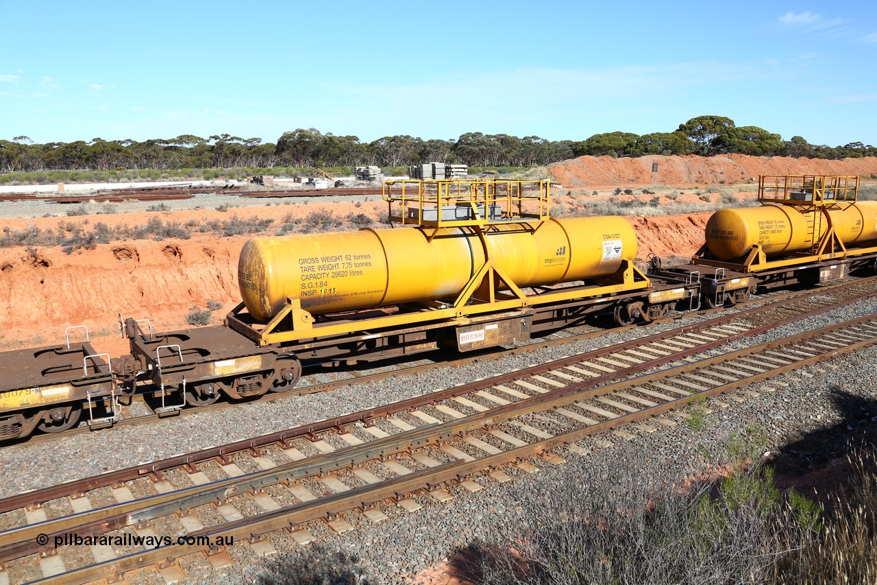 160523 3344
West Kalgoorlie, AQHY 30098 with CSA 0127, originally built by the WAGR Midland Workshops in 1964/66 as a WF type flat waggon, then in 1997, following several recodes and modifications, was one of seventy five waggons converted to the WQH to carry CSA sulphuric acid tanks between Hampton/Kalgoorlie and Perth. CSA 0127 was built by Vcare Engineering, India for Access Petrotec & Mining Solutions in 2015.
Keywords: AQHY-type;AQHY30098;WAGR-Midland-WS;WF-type;WMA-type;WFW-type;WFDY-type;WFDF-type;RFDF-type;WQH-type;