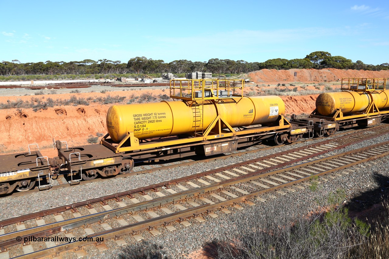 160523 3345
West Kalgoorlie, AQHY 30079 with CSA 0109, originally built by the WAGR Midland Workshops in 1964/66 as a WF type flat waggon, then in 1997, following several recodes and modifications, was one of seventy five waggons converted to the WQH to carry CSA sulphuric acid tanks between Hampton/Kalgoorlie and Perth. CSA 0109 was built by Vcare Engineering, India for Access Petrotec & Mining Solutions in 2015.
Keywords: AQHY-type;AQHY30079;WAGR-Midland-WS;WF-type;WFDY-type;WFDF-type;RFDF-type;WQH-type;