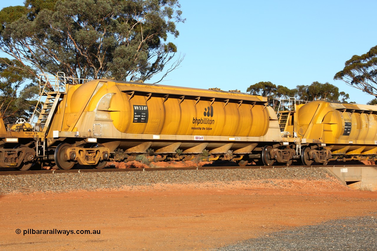 160523 3574
Binduli, nickel concentrate train 2438, WN type pneumatic discharge nickel concentrate waggon WN 538, one of a further ten built by WAGR Midland Workshops as WN type in 1975 for WMC.
Keywords: WN-type;WN538;WAGR-Midland-WS;