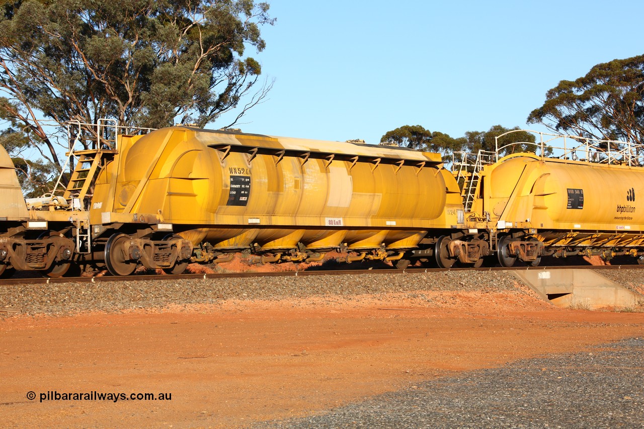 160523 3575
Binduli, nickel concentrate train 2438, WN type pneumatic discharge nickel concentrate waggon WN 524, one of thirty built by AE Goodwin NSW as WN type in 1970 for WMC.
Keywords: WN-type;WN524;AE-Goodwin;
