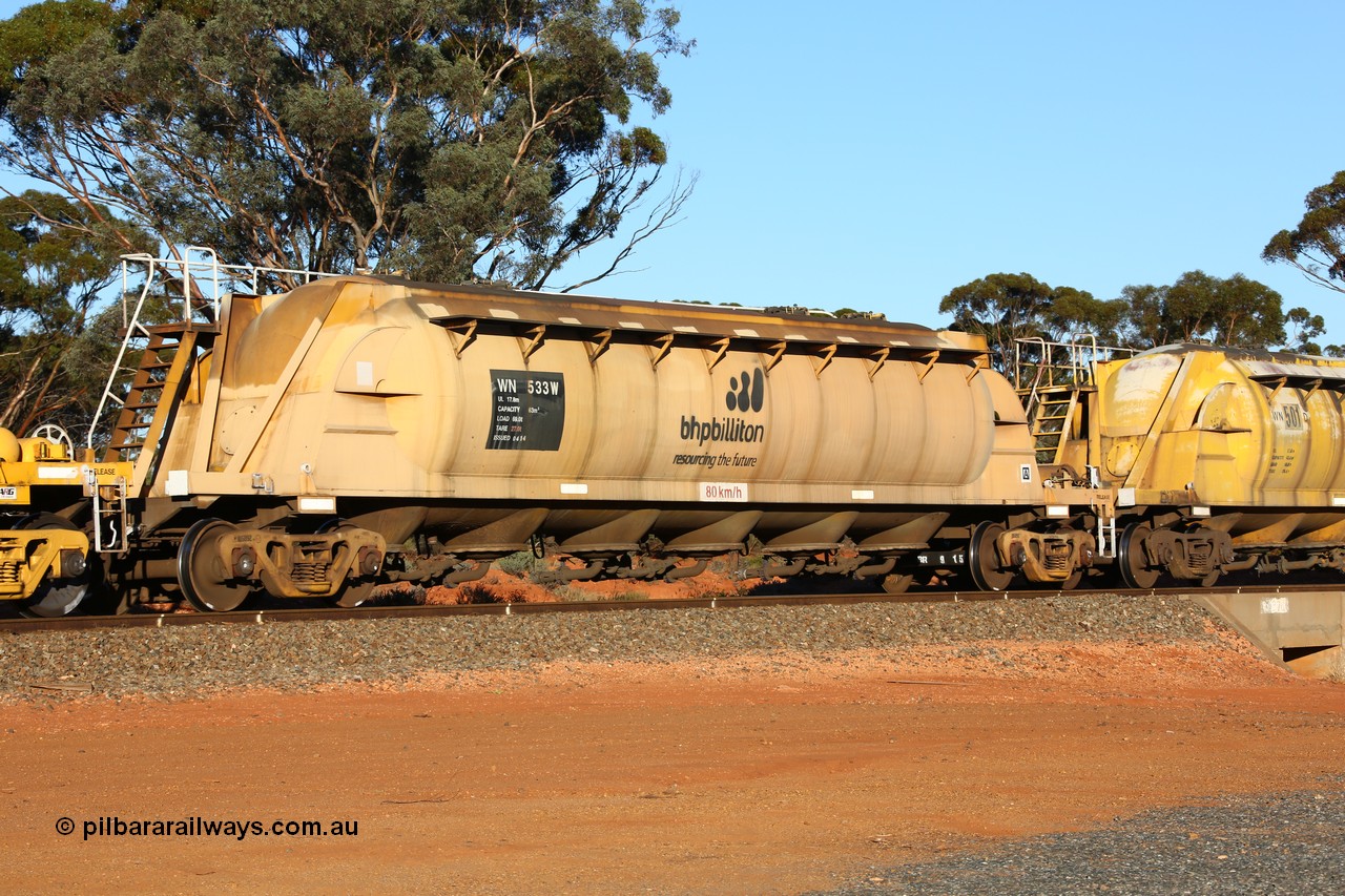 160523 3577
Binduli, nickel concentrate train 2438, WN type pneumatic discharge nickel concentrate waggon WN 533, one of a further ten built by WAGR Midland Workshops as WN type in 1975 for WMC.
Keywords: WN-type;WN533;WAGR-Midland-WS;