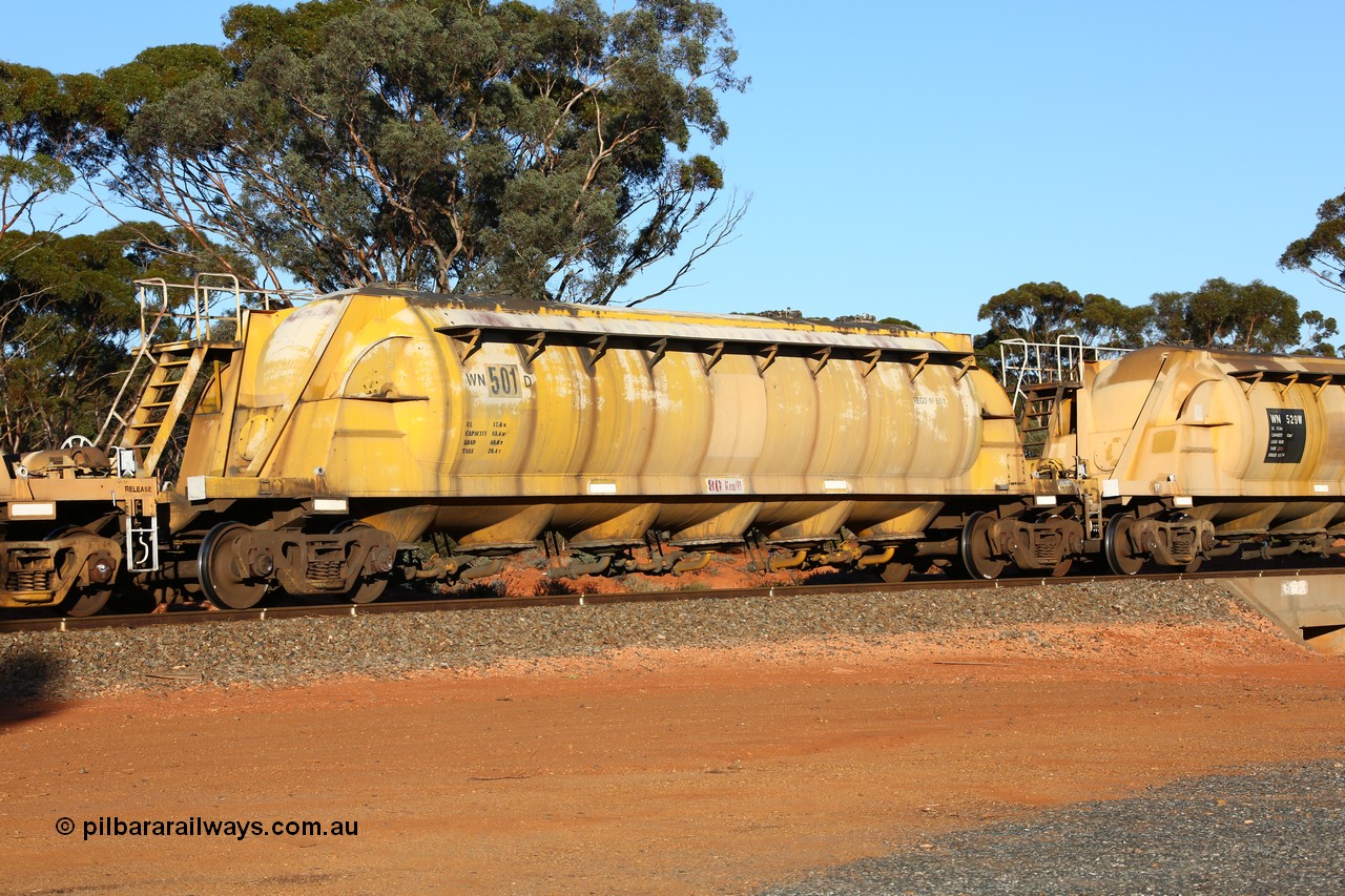 160523 3578
Binduli, nickel concentrate train 2438, WN type pneumatic discharge nickel concentrate waggon WN 501, type leader of thirty such waggons built by AE Goodwin NSW as WN type in 1970 for WMC.
Keywords: WN-type;WN501;AE-Goodwin;