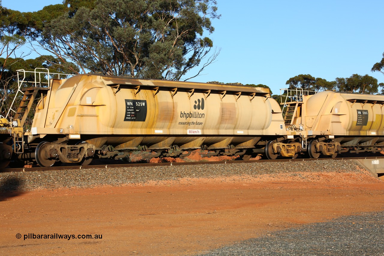 160523 3579
Binduli, nickel concentrate train 2438, WN type pneumatic discharge nickel concentrate waggon WN 529, one of thirty built by AE Goodwin NSW as WN type in 1970 for WMC.
Keywords: WN-type;WN529;AE-Goodwin;