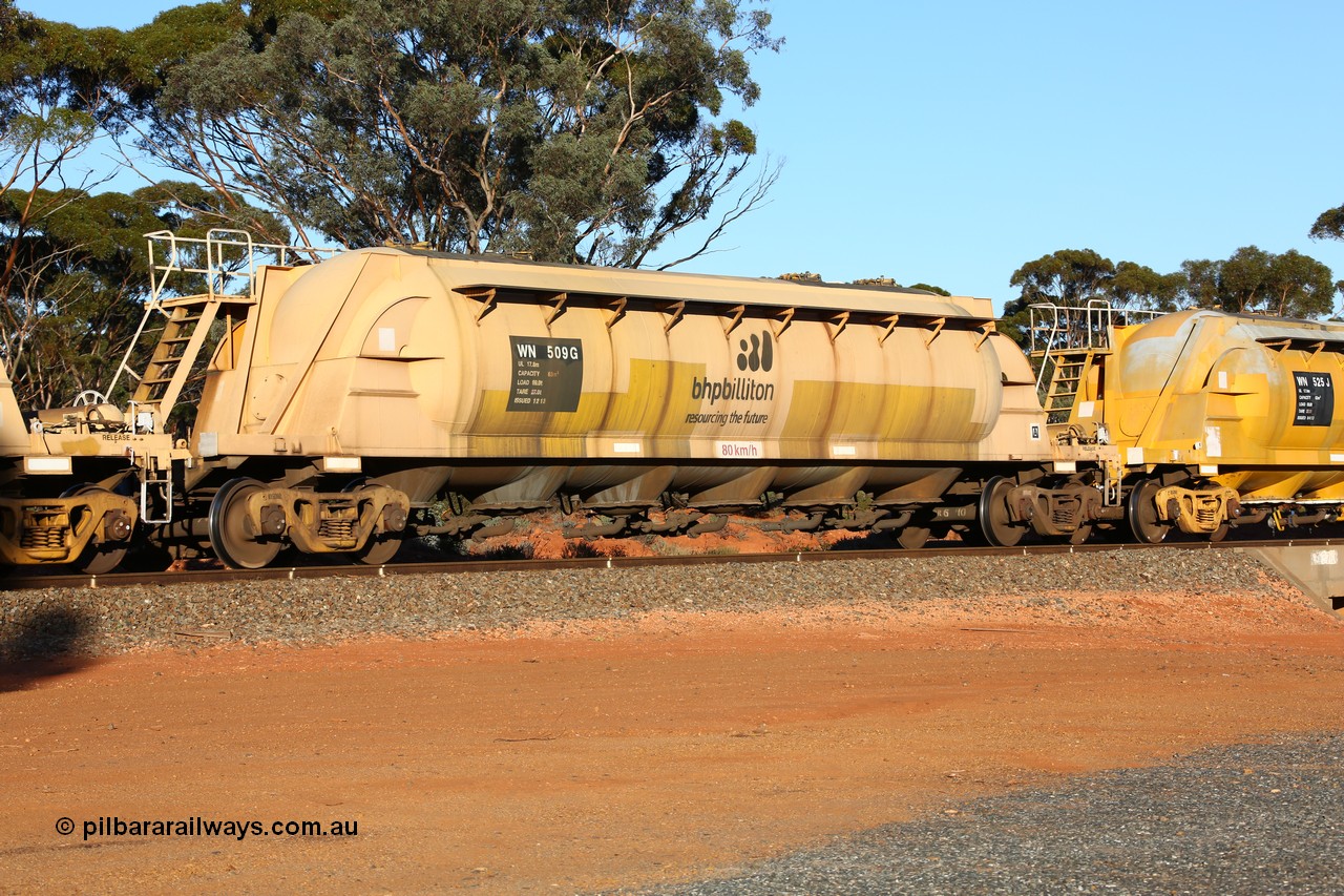 160523 3580
Binduli, nickel concentrate train 2438, WN type pneumatic discharge nickel concentrate waggon WN 509, one of thirty built by AE Goodwin NSW as WN type in 1970 for WMC.
Keywords: WN-type;WN509;AE-Goodwin;