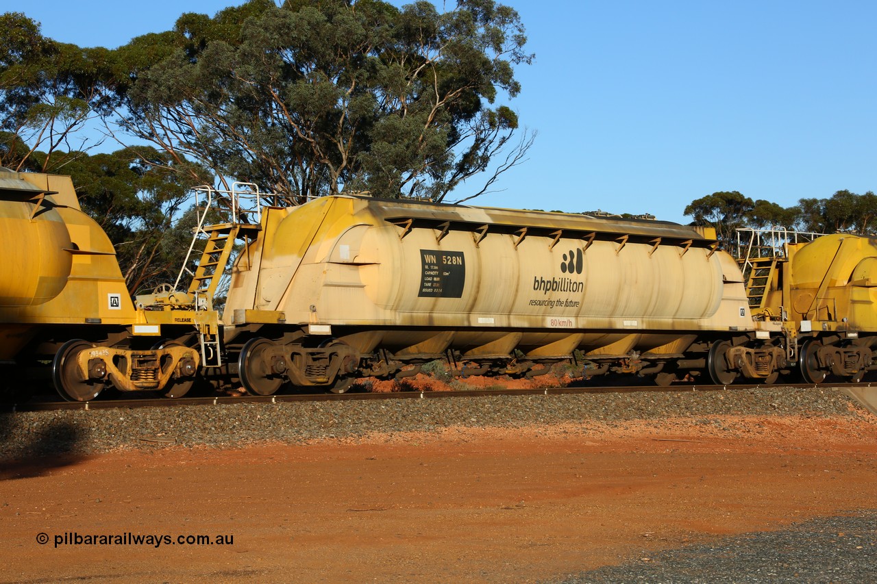 160523 3582
Binduli, nickel concentrate train 2438, WN type pneumatic discharge nickel concentrate waggon WN 528, one of thirty built by AE Goodwin NSW as WN type in 1970 for WMC.
Keywords: WN-type;WN528;AE-Goodwin;