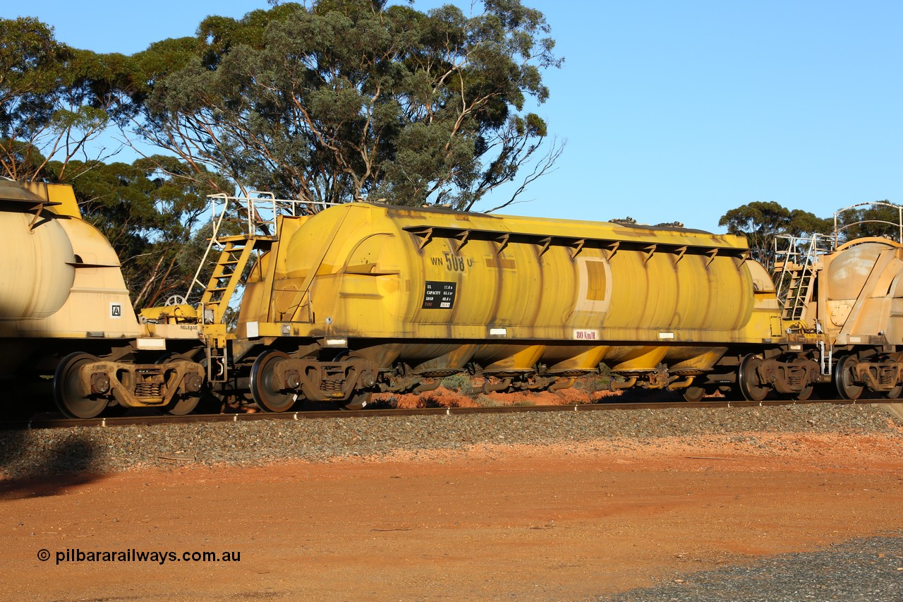 160523 3583
Binduli, nickel concentrate train 2438, WN type pneumatic discharge nickel concentrate waggon WN 508, one of thirty built by AE Goodwin NSW as WN type in 1970 for WMC.
Keywords: WN-type;WN508;AE-Goodwin;