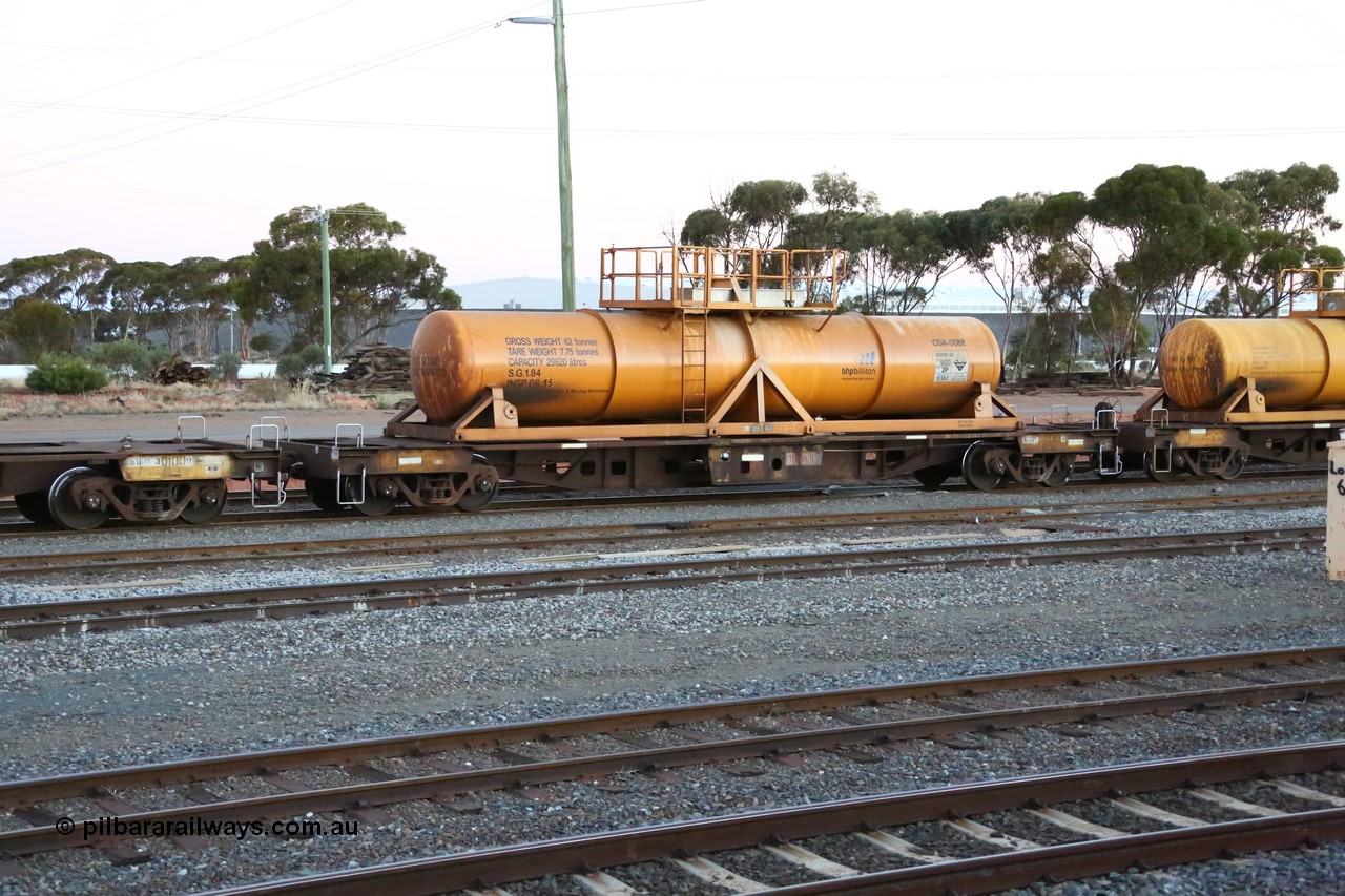 160523 3598
West Kalgoorlie, AQHY 30109 with sulphuric acid tank CSA 0088, originally built by WAGR Midland Workshops in 1964/66 as a WF type flat waggon, then in 1997, following several recodes and modifications, was one of seventy five waggons converted to the WQH type to carry CSA sulphuric acid tanks between Hampton/Kalgoorlie and Perth/Kwinana, part of loaded acid train 2406 arriving back in the yard. CSA 0088 is the lowest numbered CSA of forty nine tanks built by by Vcare Engineering, India for Access Petrotec & Mining Solutions in 2015.
Keywords: AQHY-type;AQHY30109;WAGR-Midland-WS;WF-type;WFDY-type;WFDF-type;WQH-type;