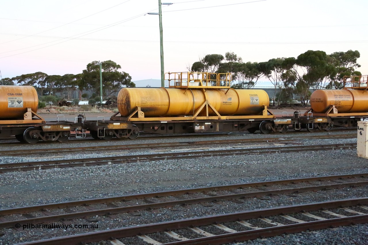 160523 3599
West Kalgoorlie, AQHY 30089 with sulphuric acid tank CSA 0085, originally built by WAGR Midland Workshops in 1964/66 as a WF type flat waggon, then in 1997, following several recodes and modifications, was one of seventy five waggons converted to the WQH type to carry CSA sulphuric acid tanks between Hampton/Kalgoorlie and Perth/Kwinana, part of loaded acid train 2406 arriving back in the yard. CSA 0085 is one of twelve units built by Acid Plant Management Services, WA in 2015.
Keywords: AQHY-type;AQHY30089;WAGR-Midland-WS;WF-type;WFDY-type;WFDF-type;RFDF-type;WQH-type;