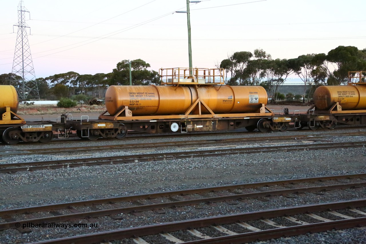 160523 3600
West Kalgoorlie, AQHY 30049 with sulphuric acid tank CSA 0104, originally built by WAGR Midland Workshops in 1964/66 as a WF type flat waggon, then in 1997, following several recodes and modifications, was one of seventy five waggons converted to the WQH type to carry CSA sulphuric acid tanks between Hampton/Kalgoorlie and Perth/Kwinana, part of loaded acid train 2406 arriving back in the yard. CSA 0104 was built by Vcare Engineering, India for Access Petrotec & Mining Solutions in 2015.
Keywords: AQHY-type;AQHY30049;WAGR-Midland-WS;WF-type;WFDY-type;WFDF-type;RFDF-type;WQH-type;