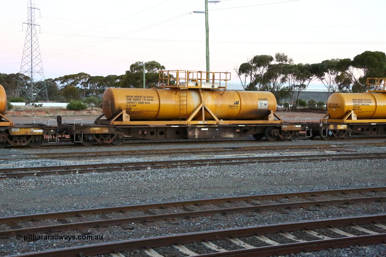 160523 3601
West Kalgoorlie, AQHY 30058 with sulphuric acid tank CSA 0108, originally built by WAGR Midland Workshops in 1964/66 as a WF type flat waggon, then in 1997, following several recodes and modifications, was one of seventy five waggons converted to the WQH type to carry CSA sulphuric acid tanks between Hampton/Kalgoorlie and Perth/Kwinana, part of loaded acid train 2406 arriving back in the yard. CSA 0108 was built by Vcare Engineering, India for Access Petrotec & Mining Solutions in 2015.
Keywords: AQHY-type;AQHY30058;WAGR-Midland-WS;WF-type;WFW-type;WFDY-type;WFDF-type;RFDF-type;WQH-type;