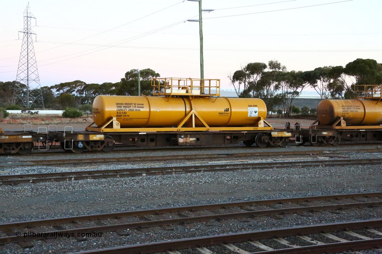 160523 3602
West Kalgoorlie, AQHY 30094 with sulphuric acid tank CSA 0100, originally built by WAGR Midland Workshops in 1964/66 as a WF type flat waggon, then in 1997, following several recodes and modifications, was one of seventy five waggons converted to the WQH type to carry CSA sulphuric acid tanks between Hampton/Kalgoorlie and Perth/Kwinana, part of loaded acid train 2406 arriving back in the yard. CSA 0100 was built by Vcare Engineering, India for Access Petrotec & Mining Solutions in 2015.
Keywords: AQHY-type;AQHY30094;WAGR-Midland-WS;WF-type;WFDY-type;WFDF-type;RFDF-type;WQH-type;