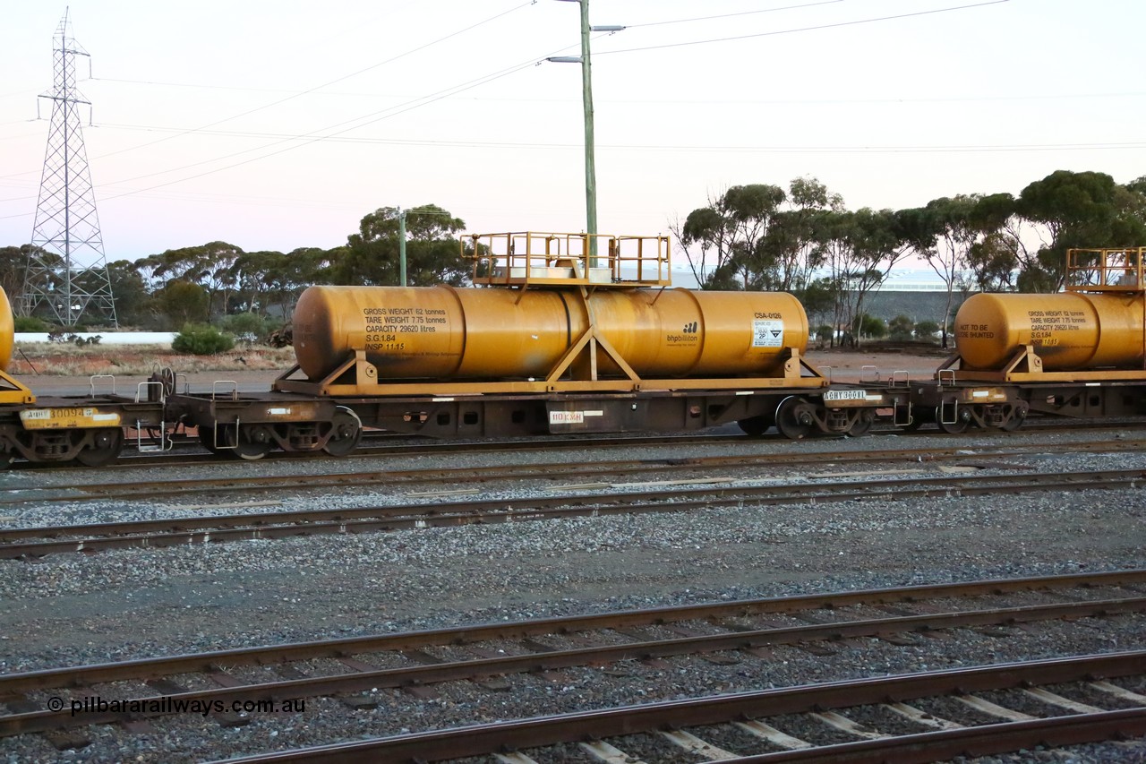 160523 3603
West Kalgoorlie, misnumbered AQHY 30088, plate shows AQHY 3008 L, with sulphuric acid tank CSA 0126, originally built by WAGR Midland Workshops in 1964/66 as a WF type flat waggon, then in 1997, following several recodes and modifications, was one of seventy five waggons converted to the WQH type to carry CSA sulphuric acid tanks between Hampton/Kalgoorlie and Perth/Kwinana, part of loaded acid train 2406 arriving back in the yard. CSA 0126 was built by Vcare Engineering, India for Access Petrotec & Mining Solutions in 2015.
Keywords: AQHY-type;AQHY30088;WAGR-Midland-WS;WF-type;WFDY-type;WFDF-type;RFDF-type;WQH-type;