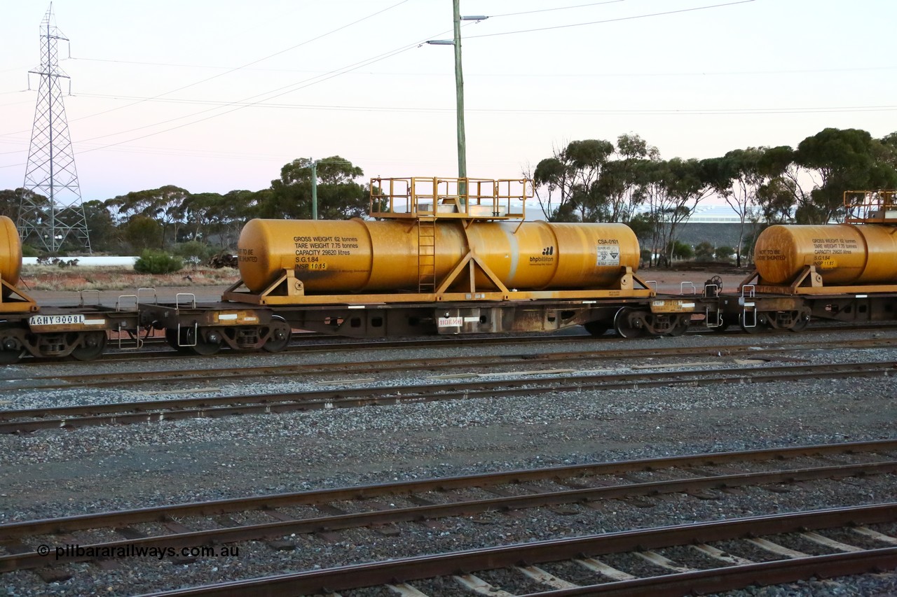 160523 3604
West Kalgoorlie, AQHY 30105 with sulphuric acid tank CSA 0101, originally built by WAGR Midland Workshops in 1964/66 as a WF type flat waggon, then in 1997, following several recodes and modifications, was one of seventy five waggons converted to the WQH type to carry CSA sulphuric acid tanks between Hampton/Kalgoorlie and Perth/Kwinana, part of loaded acid train 2406 arriving back in the yard. CSA 0101 was built by Vcare Engineering, India for Access Petrotec & Mining Solutions in 2015.
Keywords: AQHY-type;AQHY30105;WAGR-Midland-WS;WF-type;WFP-type;WFDY-type;WFDF-type;RFDF-type;WQH-type;