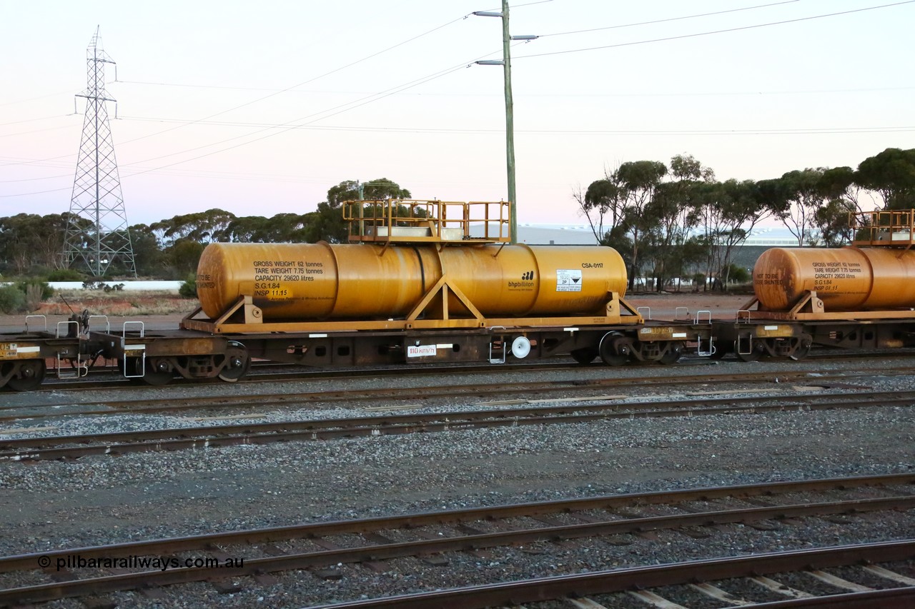 160523 3605
West Kalgoorlie, AQHY 30036 with sulphuric acid tank CSA 0117, originally built by WAGR Midland Workshops in 1964/66 as a WF type flat waggon, then in 1997, following several recodes and modifications, was one of seventy five waggons converted to the WQH type to carry CSA sulphuric acid tanks between Hampton/Kalgoorlie and Perth/Kwinana, part of loaded acid train 2406 arriving back in the yard. CSA 0117 was built by Vcare Engineering, India for Access Petrotec & Mining Solutions in 2015.
Keywords: AQHY-type;AQHY30036;WAGR-Midland-WS;WF-type;WFP-type;WFDY-type;WFDF-type;RFDF-type;WQH-type;
