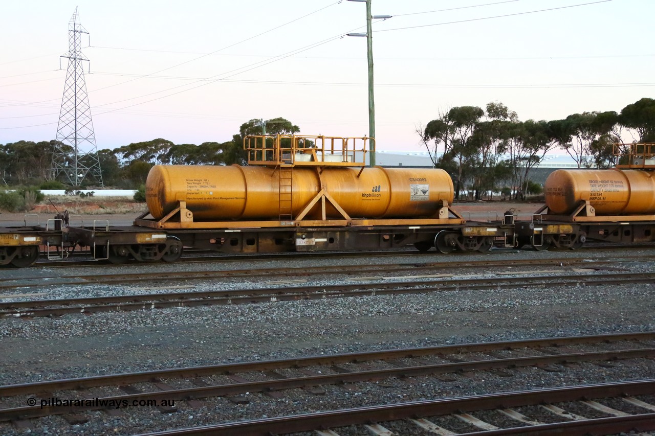 160523 3607
West Kalgoorlie, AQHY 30078 with sulphuric acid tank CSA 0082, originally built by WAGR Midland Workshops in 1964/66 as a WF type flat waggon, then in 1997, following several recodes and modifications, was one of seventy five waggons converted to the WQH type to carry CSA sulphuric acid tanks between Hampton/Kalgoorlie and Perth/Kwinana, part of loaded acid train 2406 arriving back in the yard. CSA 0082 is one of twelve units built by Acid Plant Management Services, WA in 2015.
Keywords: AQHY-type;AQHY30078;WAGR-Midland-WS;WF-type;WFDY-type;WFDF-type;RFDF-type;WQH-type;
