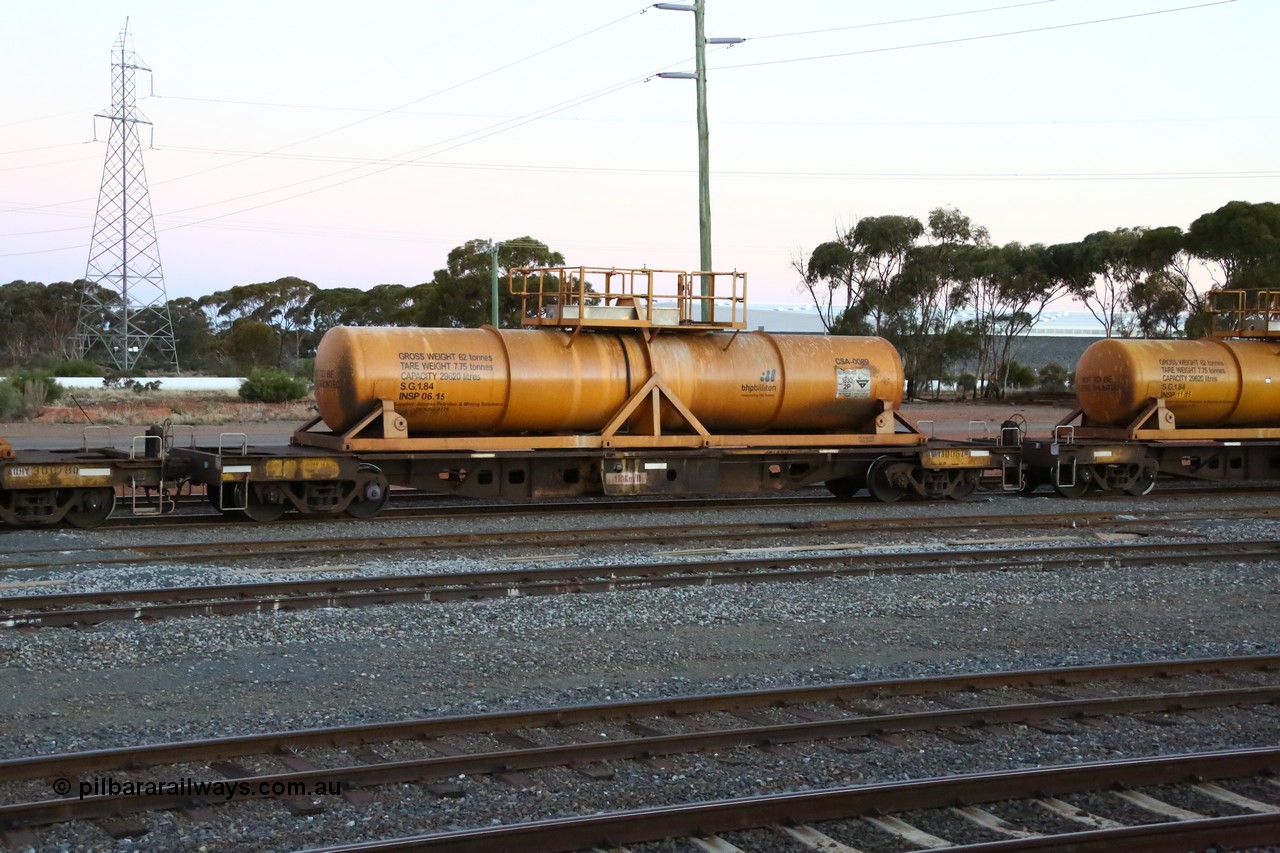 160523 3608
West Kalgoorlie, AQHY 30057 with sulphuric acid tank CSA 0089, originally built by WAGR Midland Workshops in 1964/66 as a WF type flat waggon, then in 1997, following several recodes and modifications, was one of seventy five waggons converted to the WQH type to carry CSA sulphuric acid tanks between Hampton/Kalgoorlie and Perth/Kwinana, part of loaded acid train 2406 arriving back in the yard. CSA 0089 was built by Vcare Engineering, India for Access Petrotec & Mining Solutions in 2015.
Keywords: AQHY-type;AQHY30057;WAGR-Midland-WS;WF-type;WFDY-type;WFDF-type;RFDF-type;WQH-type;