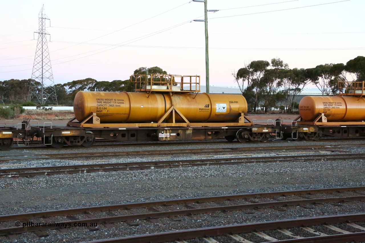160523 3609
West Kalgoorlie, AQHY 30006 with sulphuric acid tank CSA 0131, originally built by WAGR Midland Workshops in 1964/66 as a WF type flat waggon, then in 1997, following several recodes and modifications, was one of seventy five waggons converted to the WQH type to carry CSA sulphuric acid tanks between Hampton/Kalgoorlie and Perth/Kwinana, part of loaded acid train 2406 arriving back in the yard. CSA 0131 was built by Vcare Engineering, India for Access Petrotec & Mining Solutions in 2015.
Keywords: AQHY-type;AQHY30006;WAGR-Midland-WS;WF-type;WMA-type;WFDY-type;WFDF-type;RFDF-type;WQH-type;