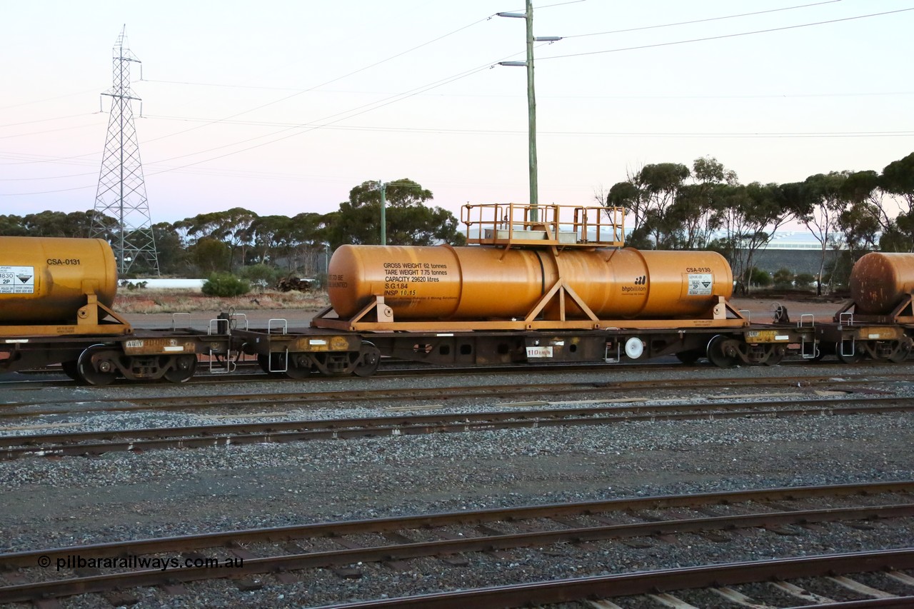 160523 3610
West Kalgoorlie, AQHY 30004 with sulphuric acid tank CSA 0130, originally built by WAGR Midland Workshops in 1964/66 as a WF type flat waggon, then in 1997, following several recodes and modifications, was one of seventy five waggons converted to the WQH type to carry CSA sulphuric acid tanks between Hampton/Kalgoorlie and Perth/Kwinana, part of loaded acid train 2406 arriving back in the yard. CSA 0130 was built by Vcare Engineering, India for Access Petrotec & Mining Solutions in 2015.
Keywords: AQHY-type;AQHY30004;WAGR-Midland-WS;WF-type;WFDY-type;WFDF-type;RFDF-type;WQH-type;