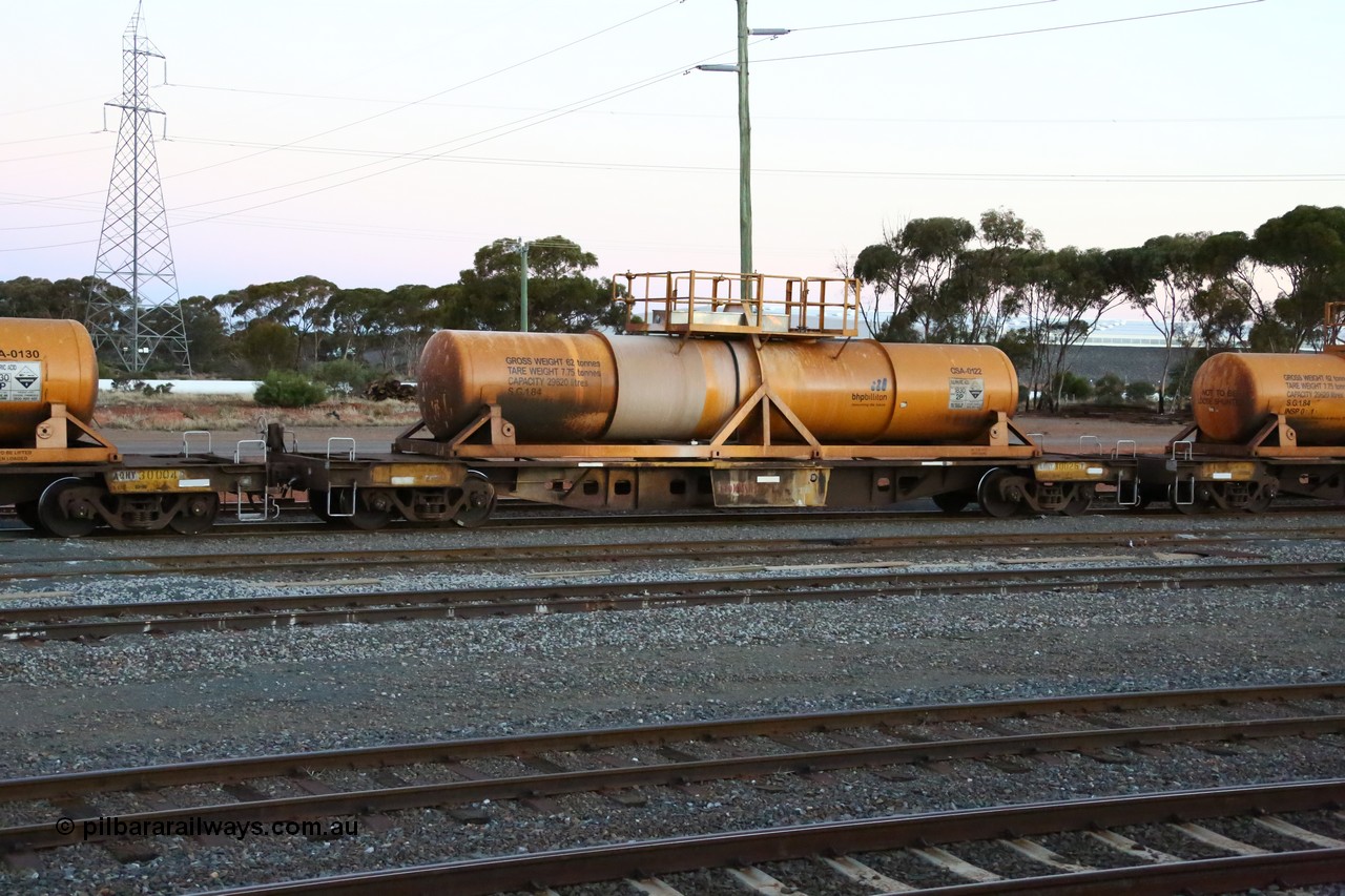 160523 3611
West Kalgoorlie, AQHY 30026 with sulphuric acid tank CSA 0122, originally built by WAGR Midland Workshops in 1964/66 as a WF type flat waggon, then in 1997, following several recodes and modifications, was one of seventy five waggons converted to the WQH type to carry CSA sulphuric acid tanks between Hampton/Kalgoorlie and Perth/Kwinana, part of loaded acid train 2406 arriving back in the yard. CSA 0122 was built by Vcare Engineering, India for Access Petrotec & Mining Solutions in 2015.
Keywords: AQHY-type;AQHY30026;WAGR-Midland-WS;WF-type;WFW-type;WFDY-type;WFDF-type;RFDF-type;WQH-type;