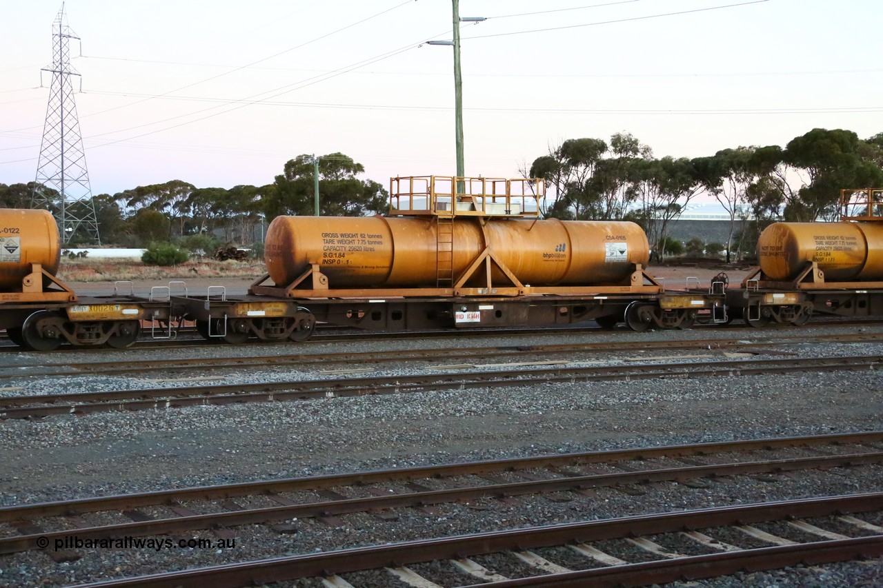 160523 3612
West Kalgoorlie, AQHY 30023 with sulphuric acid tank CSA 0105, originally built by WAGR Midland Workshops in 1964/66 as a WF type flat waggon, then in 1997, following several recodes and modifications, was one of seventy five waggons converted to the WQH type to carry CSA sulphuric acid tanks between Hampton/Kalgoorlie and Perth/Kwinana, part of loaded acid train 2406 arriving back in the yard. CSA 0105 was built by Vcare Engineering, India for Access Petrotec & Mining Solutions in 2015.
Keywords: AQHY-type;AQHY30023;WAGR-Midland-WS;WF-type;WFDY-type;WFDF-type;RFDF-type;WQH-type;